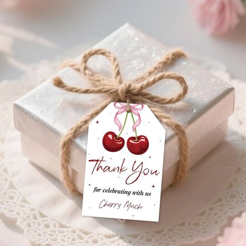 50pcs Cherry Thank You Tags Cherry on top Thank You Cards Pink Bow Cherry Sweet Favor Tags with String for Wedding Baby Shower Cherry 1st Birthday Girl in Saudi Arabia