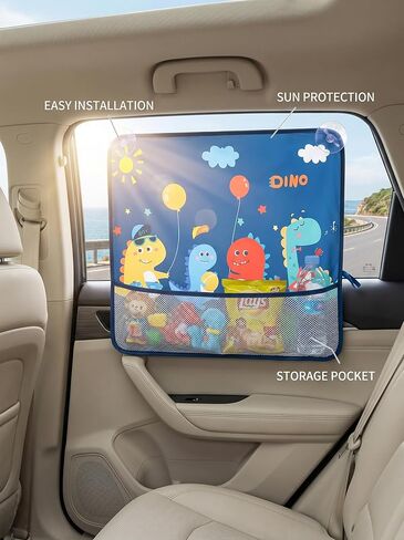 Printed Car Window Sunshade with Mesh Storage Pocket Suction Cups Interior Vehicle Glare Blocker Polyester Fabric in Kuwait
