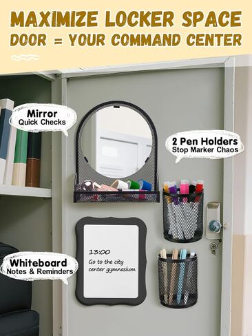 12pcs Strong Magnetic Locker Accessories Kit - Locker Mirror with Pen Holders Dry Erase Board Markers, Locker Organizer Decoration for Girls School Office Locker, Back to School Essentials, Black in Saudi Arabia