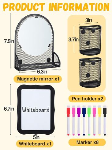 12pcs Strong Magnetic Locker Accessories Kit - Locker Mirror with Pen Holders Dry Erase Board Markers, Locker Organizer Decoration for Girls School Office Locker, Back to School Essentials, Black in Saudi Arabia