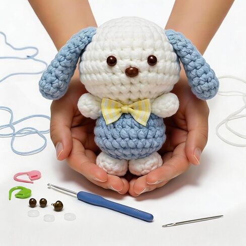 BUNUKY Crochet Kit for Complete Beginners - DIY Starter Kit to Make a Cute Puppy | Step-by-Step Video Tutorials for Easy Learning | Creative Craft Gift for Christmas, Adults, Teens (Sky Pup) in Saudi Arabia