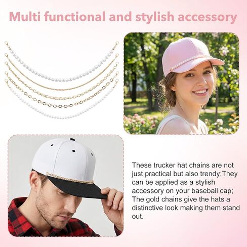 5 PCS Hat Chains, Gold Trucker Craft Chains for Women Trucker Hat, Metal Detachable Pearl Universal Charms Accessories Decoration Assorted Styles DIY Mesh Headwear Jewelry for Boot Handbags in Saudi Arabia
