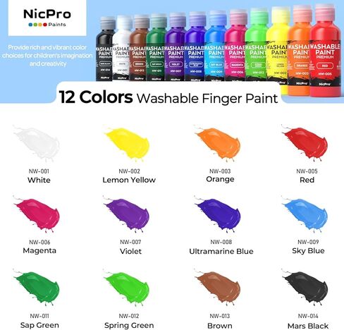 Nicpro 12 Colors Washable Finger Paint Set for Toddlers (2 oz), Non-Toxic & Baby Safe Paint for Hand and Feet, Mess Free Finger Painting Art Supplies for Kids Age 1-3 4 5 6+, Preschool Learning Gifts in Kuwait