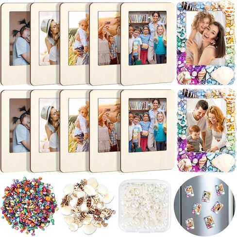Yalikop 12 Pack DIY Mosaic Photo Frame Craft Kits Unfinished Wooden Magnetic Picture Frame with Mosaic Tiles and Shells Mini Ocean Fridge Frames to Decorate for Summer Activities Birthday Craft Gifts in Kuwait