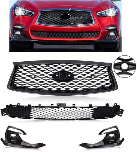 Front Bumper Upper&Lower Grille with Fog Light Covers Fit For 2018 2019 2020 2021 2022 Infiniti Q50 Sport,Black Grill Mesh,4-Piece Set Grille Covers Replace For IN1038113 in Saudi Arabia