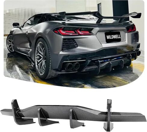WildWell ناشر المصد الخلفي متوافق مع 2020-2026 Chevy Corvette C8 Stingray Z51 و2024-2026 E-Ray، ناشر الشفة الخلفية Valance Shark Fin Spoiler ABS أسود لامع in Kuwait