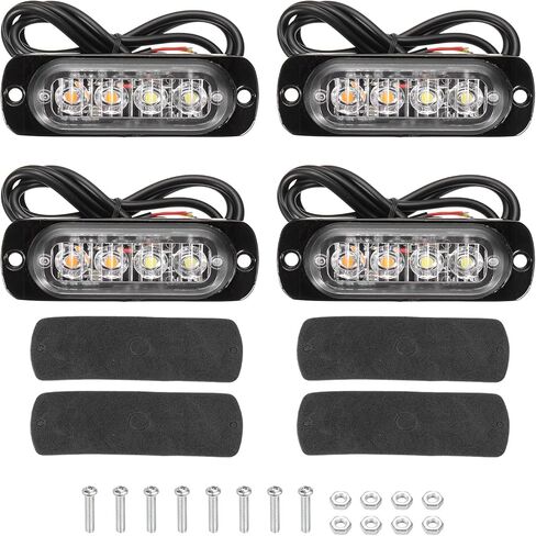 PATIKIL 4-LED Aluminum Strobe Lights, 4 Pack MIni Warning Strobe Lamps Car Truck Slim Flash Light for Vehicle LED Grille Head Warning Lamps, White/Yellow in Kuwait