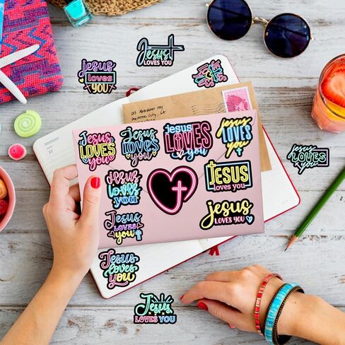 120PCS Neon Jesus Loves You Stickers Jesus Loves You Party Favors Birthday Party Decorations Vinyl Waterproof Stickers for Water Bottle Laptop Luggage Helmet in Saudi Arabia