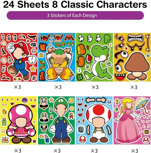 24Pcs Cute Mario Stickers, Mixed & Matched with 8 Designed Super Bros Sticker for Party Favors, Decor, Reward, Gift Idea in Saudi Arabia