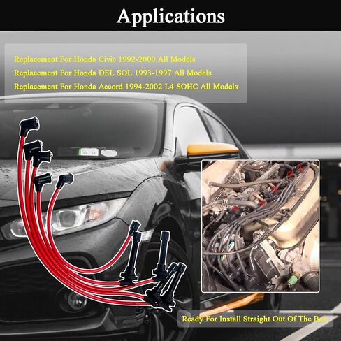مجموعة أسلاك توصيل الإشعال 8 مم متوافقة مع Honda Civic 1992-2000 EG EK EJ D15 D16، Accord 1994-2002 L4 SOHC، Del Sol 1993-1997 - طقم كابل الإشعال الأساسي الحلزوني - أحمر in Kuwait