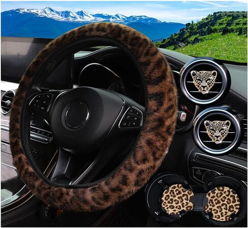 Pinbola 5 Pcs Fluffy Cheetah Steering Wheel Cover Car Accessories Set Warm Soft Universal 14.5-15 Inch Leopard Print Fuzzy Faux Fur for Men and Women (Brown) in Saudi Arabia