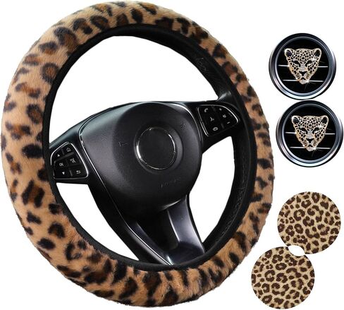 Pinbola 5 Pcs Fluffy Cheetah Steering Wheel Cover Car Accessories Set Warm Soft Universal 14.5-15 Inch Leopard Print Fuzzy Faux Fur for Men and Women (Brown) in Saudi Arabia