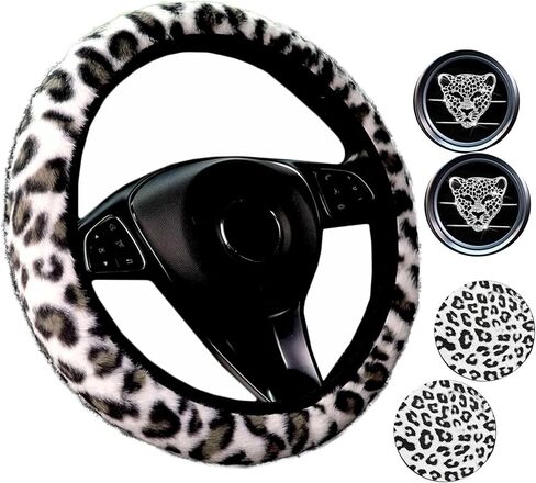 Pinbola 5 Pcs Fluffy Cheetah Steering Wheel Cover Car Accessories Set Warm Soft Universal 14.5-15 Inch Leopard Print Fuzzy Faux Fur for Men and Women (Brown) in Saudi Arabia