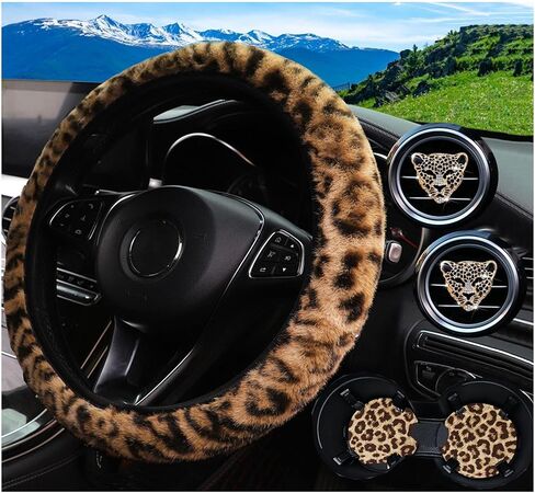 Pinbola 5 Pcs Fluffy Cheetah Steering Wheel Cover Car Accessories Set Warm Soft Universal 14.5-15 Inch Leopard Print Fuzzy Faux Fur for Men and Women (Brown) in Saudi Arabia