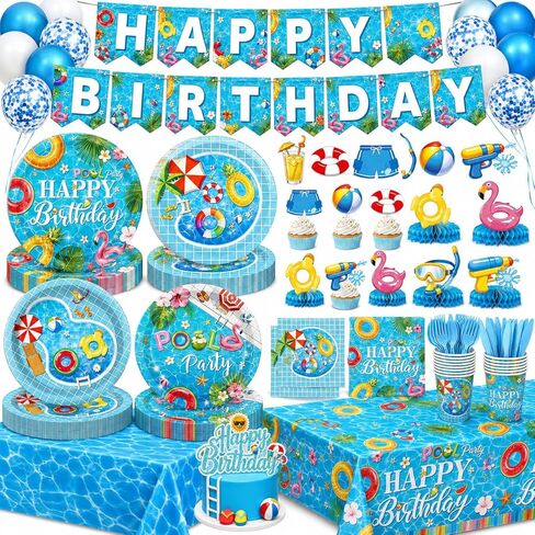 Pool Birthday Party Decorations - Plates, Napkins, Cups, Cutlery, Honeycomb Centerpieces, Banner, Hanging Swirls, Tablecloths, Toppers, Balloons for Hawaii Summer Pool Party Decorations, Serves 20 in Kuwait