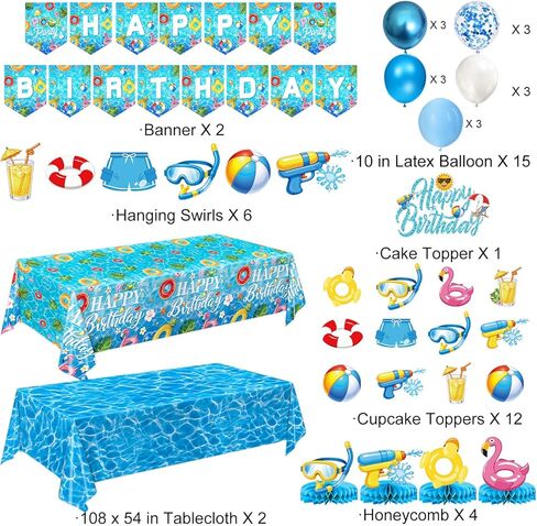 Pool Birthday Party Decorations - Plates, Napkins, Cups, Cutlery, Honeycomb Centerpieces, Banner, Hanging Swirls, Tablecloths, Toppers, Balloons for Hawaii Summer Pool Party Decorations, Serves 20 in Kuwait