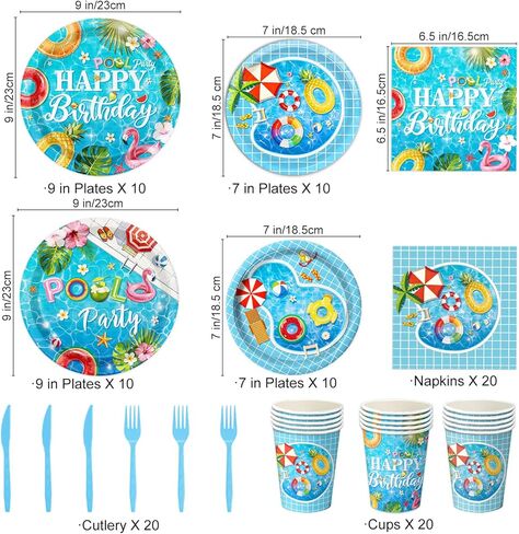 Pool Birthday Party Decorations - Plates, Napkins, Cups, Cutlery, Honeycomb Centerpieces, Banner, Hanging Swirls, Tablecloths, Toppers, Balloons for Hawaii Summer Pool Party Decorations, Serves 20 in Kuwait