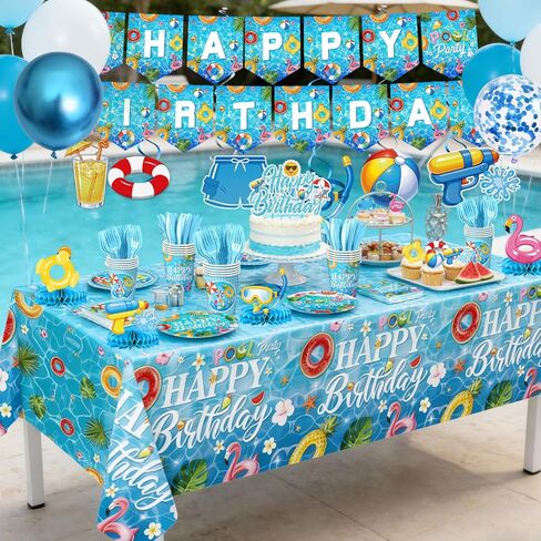 Pool Birthday Party Decorations - Plates, Napkins, Cups, Cutlery, Honeycomb Centerpieces, Banner, Hanging Swirls, Tablecloths, Toppers, Balloons for Hawaii Summer Pool Party Decorations, Serves 20 in Kuwait