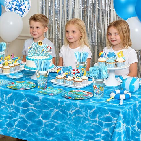 Pool Birthday Party Decorations - Plates, Napkins, Cups, Cutlery, Honeycomb Centerpieces, Banner, Hanging Swirls, Tablecloths, Toppers, Balloons for Hawaii Summer Pool Party Decorations, Serves 20 in Kuwait
