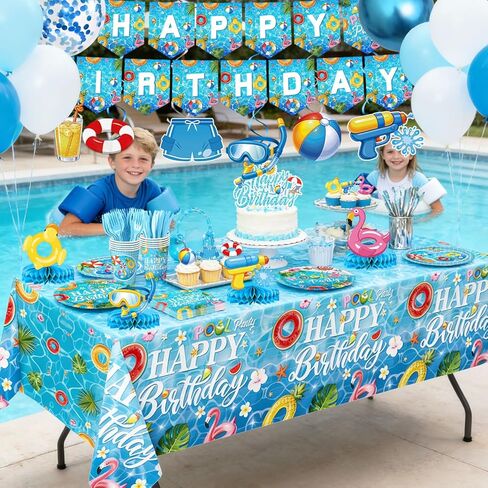 Pool Birthday Party Decorations - Plates, Napkins, Cups, Cutlery, Honeycomb Centerpieces, Banner, Hanging Swirls, Tablecloths, Toppers, Balloons for Hawaii Summer Pool Party Decorations, Serves 20 in Kuwait