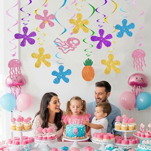 BEISHIDA 15Pcs Yellow Cartoon Hanging Swirl Decorations Pre-Strung Jellyfish Flowers Party Banner Backdrop for Ocean Theme Baby Shower Birthday Party Supplies in Kuwait