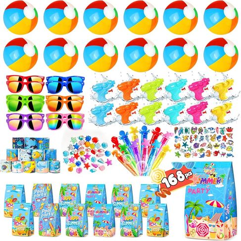 Pool Party Favors and Beach Party Favors 168pcs Summer Party Toys for Kids,Including Beach Balls, Sunglasses, Bubble Wands Party Supplies for Summer Birthday Ages 4-8 8-12 in Saudi Arabia