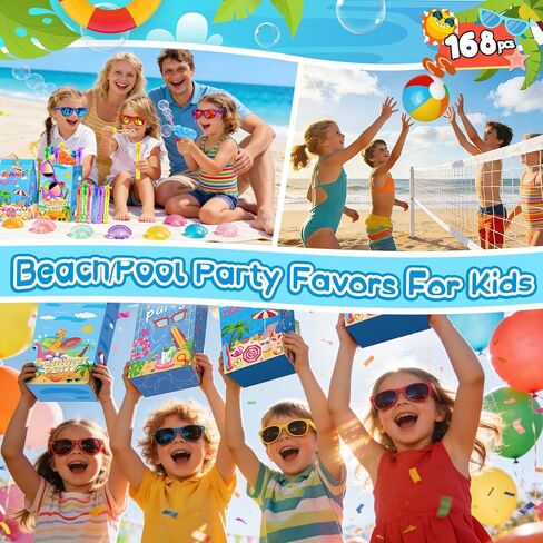 Pool Party Favors and Beach Party Favors 168pcs Summer Party Toys for Kids,Including Beach Balls, Sunglasses, Bubble Wands Party Supplies for Summer Birthday Ages 4-8 8-12 in Saudi Arabia