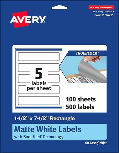 ملصقات مستطيلة بيضاء غير لامعة من Avery TrueBlock، تقنية Sure Feed، 1.5 بوصة × 7.5 بوصة، 50 ملصق أبيض غير لامع، طباعة إلى الحافة، قابلة للطباعة بالليزر/النافثة للحبر، رائعة للتغليف وتجارة المنتجات in Saudi Arabia