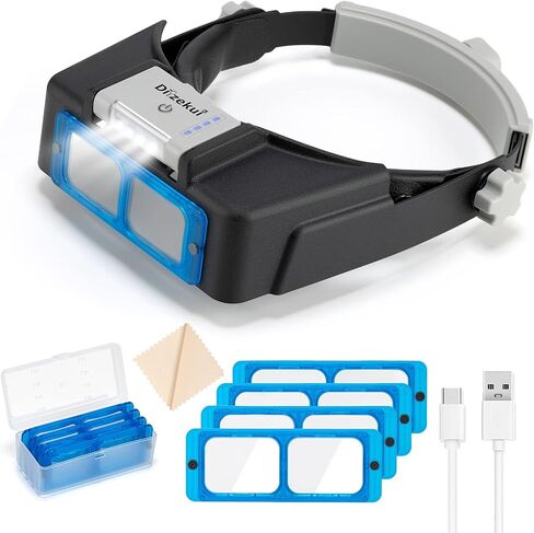 Headband Magnifier with LED Light, Rechargeable Head Mount Magnifier 1.5X to 3.5X, Opitcal Magnifying Glass with Lens, Jewelers Optivisor Hobbies Visor Manifying Glasses for Close Work in Saudi Arabia