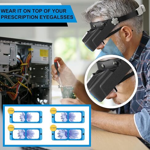 Headband Magnifier with LED Light, Rechargeable Head Mount Magnifier 1.5X to 3.5X, Opitcal Magnifying Glass with Lens, Jewelers Optivisor Hobbies Visor Manifying Glasses for Close Work in Saudi Arabia