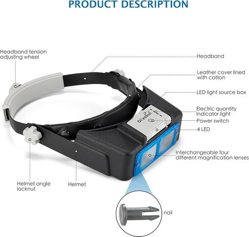 Headband Magnifier with LED Light, Rechargeable Head Mount Magnifier 1.5X to 3.5X, Opitcal Magnifying Glass with Lens, Jewelers Optivisor Hobbies Visor Manifying Glasses for Close Work in Saudi Arabia