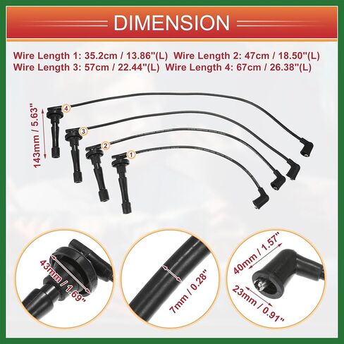 Motoforti Car Spark Plug Coil Wires الإشعال لفائف تسخير كابل 7 مم مناسب لهوندا CR-V 1997-2001 L4 2.0L No.32722P75A01 - حزمة من 4 طويلة الأمد in Kuwait