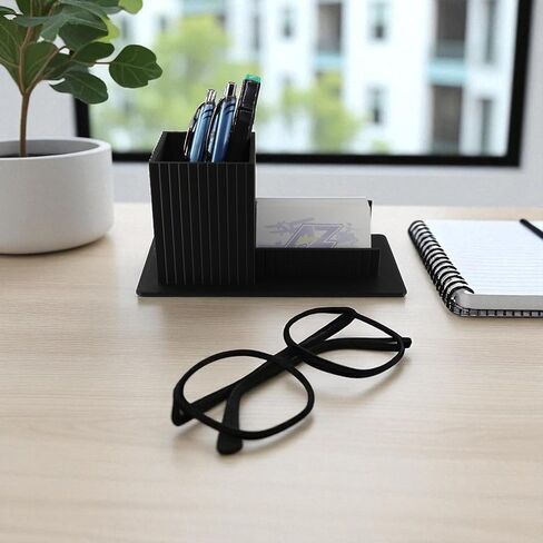 3D Printed Desk Organizer Pencil Holder with Business Card Stand, Black – Pen Cup + Business Card Holder for Office, Home Office, Teacher, Reception – Made in USA in Kuwait