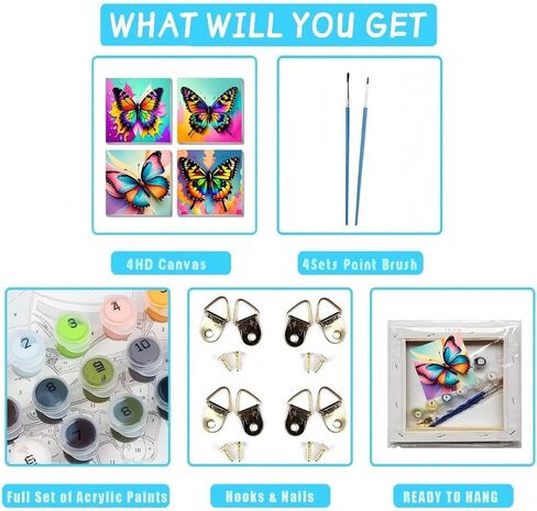 4 Pack Paint by Numbers Kit for Kids, Butterfly Color by Number Painting Kits for Kids Ages 8-12 Butterfly Paint by Numbers with Framed Canvas Children DIY Paints by Number Kits for Beginners 8x8 Inch in Saudi Arabia
