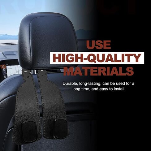 Car Seat Headrest Hooks - 2 Pack Premium Stitched Leather Car Headrest Hooks - Strong Double Hooks for Purses, Handbags, Grocery Bags & Accessories, Black in Saudi Arabia