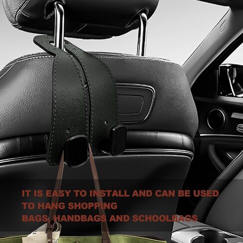 Car Seat Headrest Hooks - 2 Pack Premium Stitched Leather Car Headrest Hooks - Strong Double Hooks for Purses, Handbags, Grocery Bags & Accessories, Black in Saudi Arabia