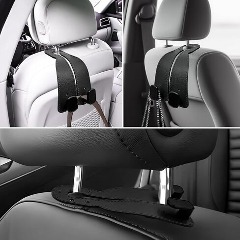 Car Seat Headrest Hooks - 2 Pack Premium Stitched Leather Car Headrest Hooks - Strong Double Hooks for Purses, Handbags, Grocery Bags & Accessories, Black in Saudi Arabia