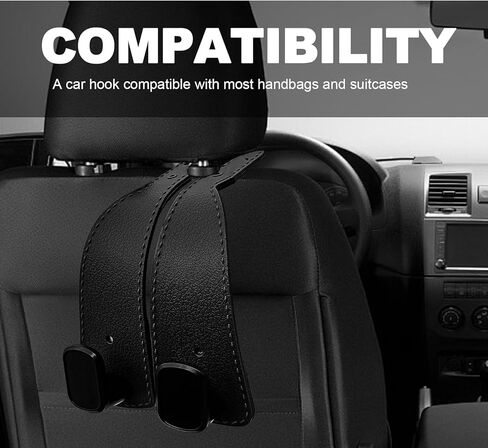 Car Seat Headrest Hooks - 2 Pack Premium Stitched Leather Car Headrest Hooks - Strong Double Hooks for Purses, Handbags, Grocery Bags & Accessories, Black in Saudi Arabia