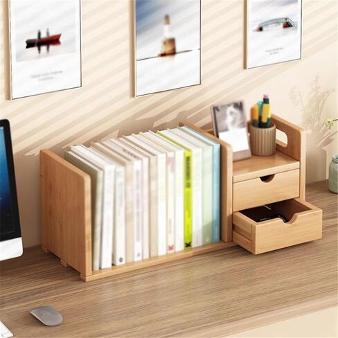 Bookshelf Small Desktop Bookshelf with Double Drawers, Bamboo Desk Display Stand, for Home and Office Supplies Storage Organizer for Living Room Home Office in Saudi Arabia