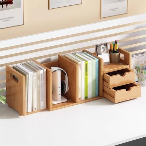 Bookshelf Small Desktop Bookshelf with Double Drawers, Bamboo Desk Display Stand, for Home and Office Supplies Storage Organizer for Living Room Home Office in Saudi Arabia