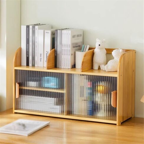 Bookshelf Desktop Bookshelf Bamboo, with Glass Sliding Cabinet Doors Organizer Rack, for Home Office Study Storage Shelf for Living Room Home Office in Kuwait