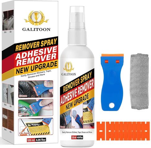 Adhesive Remover, Sticker Remover Spray with Plastic Scraper and Cleaning Cloth, Surface-Friendly Formula for Removing Sticker Residue, Tape Marks and Adhesive Build-Up from Glass,Floors and Cars in Saudi Arabia