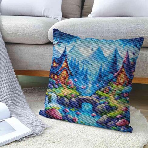 Huacan Cross-Stitch Pillow Kit Stamped Landscape Pattern Without Pillow Core for Adults Beginners 17.7 x 17.7 in in Saudi Arabia