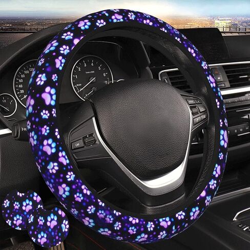 Paw Print Steering Wheel Cover - Purple Dog Paw Steering Wheel Protector Neoprene 15Inch Car Accessories 2 Pcs Car Coasters for Women Men in Kuwait