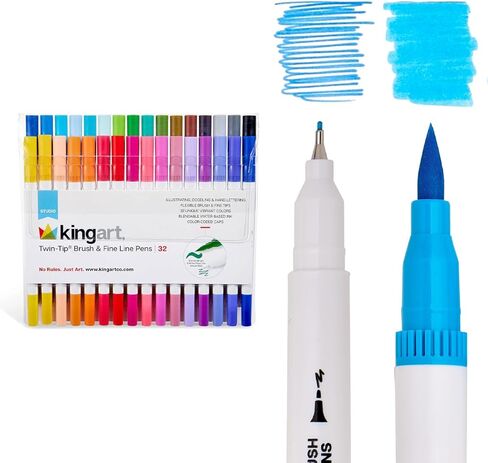 Kingart 32 أقلام فرشاة ذات طرف مزدوج، علامات فنية، أقلام تلوين رفيعة للفنانين وفرشاة لبطاقات الكتب للبالغين، مجموعة أدوات الرسم اليدوية، لوازم مكتب المعلم in Kuwait