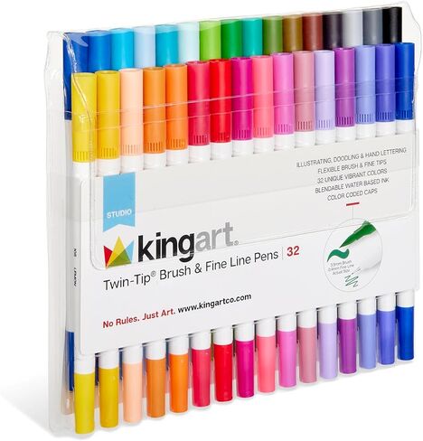 Kingart 32 أقلام فرشاة ذات طرف مزدوج، علامات فنية، أقلام تلوين رفيعة للفنانين وفرشاة لبطاقات الكتب للبالغين، مجموعة أدوات الرسم اليدوية، لوازم مكتب المعلم in Kuwait