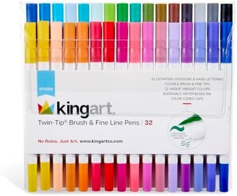 Kingart 32 أقلام فرشاة ذات طرف مزدوج، علامات فنية، أقلام تلوين رفيعة للفنانين وفرشاة لبطاقات الكتب للبالغين، مجموعة أدوات الرسم اليدوية، لوازم مكتب المعلم in Kuwait