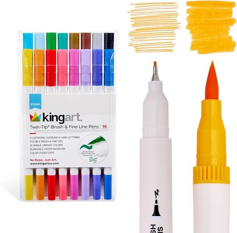 Kingart 32 أقلام فرشاة ذات طرف مزدوج، علامات فنية، أقلام تلوين رفيعة للفنانين وفرشاة لبطاقات الكتب للبالغين، مجموعة أدوات الرسم اليدوية، لوازم مكتب المعلم in Kuwait