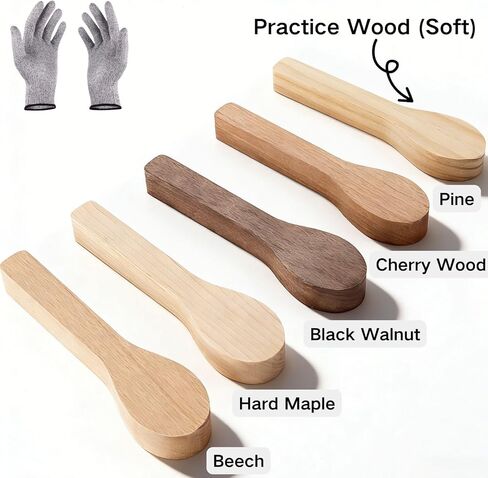 5 Pcs Wood Carving Spoon Blank Set – Unfinished Black Walnut, Maple, Cherry, Beech & Pine Wood for Whittling, Spoon Carving Kit with Anti-Cut Gloves for Beginners, Wooden Blanks for Carving in Saudi Arabia