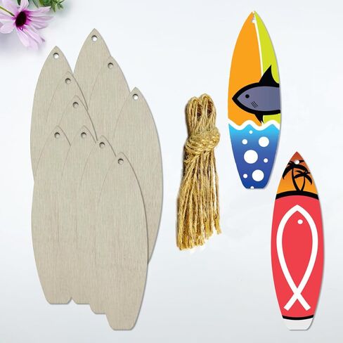 30 Pcs 4 Inch Unfinished Wood Surfboard Cutouts DIY Crafts Wooden Surfboard Shaped Hanging Ornaments with Hole Hemp Ropes for Summer Beach Hawaii Luau Party Decoration in Kuwait